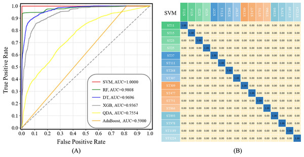 ROC curves for the six machine learning algorithms and the confusion matrix of SVM algorithm when applied to the SERS spectra of K. pneumoniae strains with different STs.