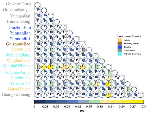 The heatmap based on the paired-Rst values for Guizhou Dong population and other reference populations.