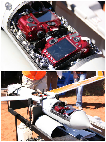Customised camera payload including two SLR cameras set at slightly oblique angles within the ScanEagle drone.