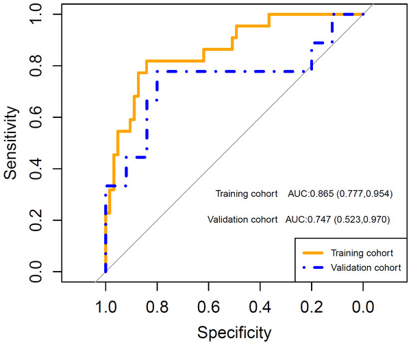 The receiver operating characteristic (ROC) curves shows good performance of the radiomics signature in predicting grade 2 or higher thrombocytopenia in both training and validation cohorts.