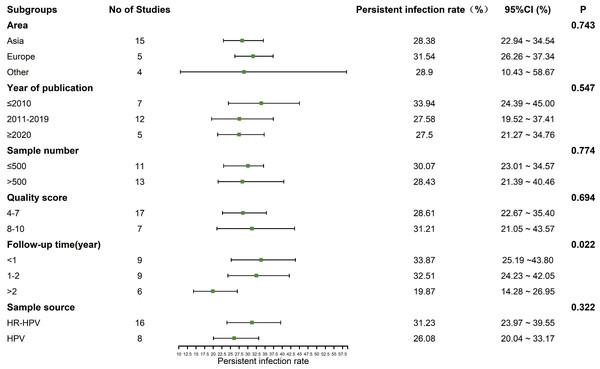 Results of the subgroup analyses to estimation of the prevalence of persistent HPV infection worldwide.