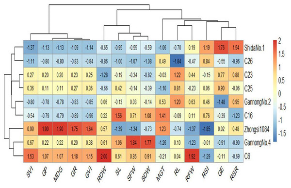 Heatmap of the relationship between genotypes and the studied traits under 200 mM NaCl treatment.