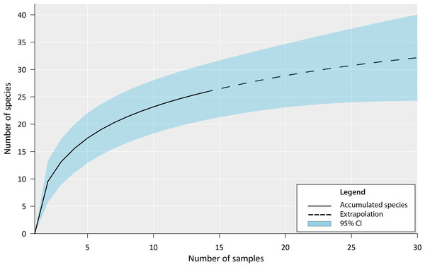 Fish species richness from four months of sampling in Chile Verde Lagoon (February to May 2022), with extrapolation to 30 samples.