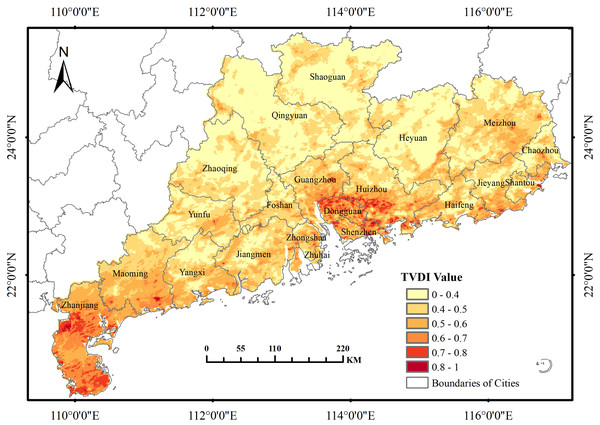 Multi-year average spatial distribution pattern of TVDI in Guangdong Province from 2000 to 2019.