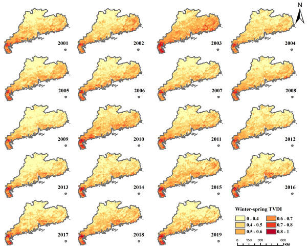 TVDI distribution of winter-spring drought in Guangdong Province, 2000–2019.