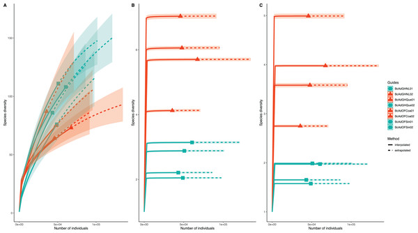 Inter- and extrapolation (R/E) sampling curves analysis for all insect samples microbial communities.