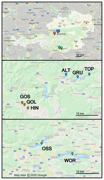 Map showing eight lakes sampled in Austria.