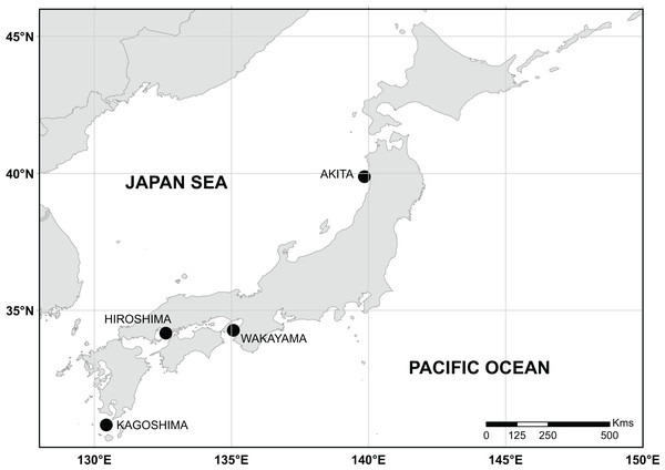 Sampling sites along coastal waters of Japan.