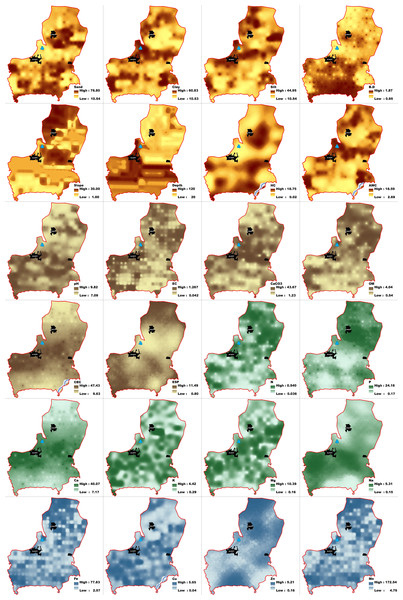Spatial distribution maps of physical, chemical and productivity parameters.