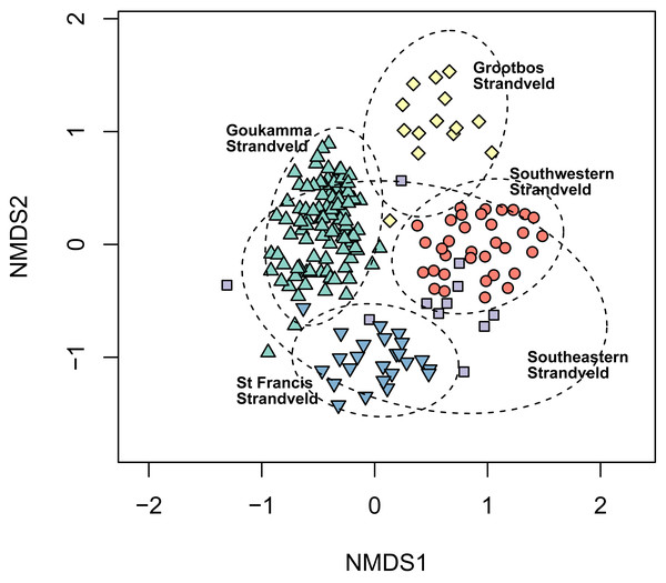 Non-metric multidimensional scaling (NMDS) of the Fynbos plots sampled in this study showing their association with the five South Coast Strandveld vegetation types identified in this study.