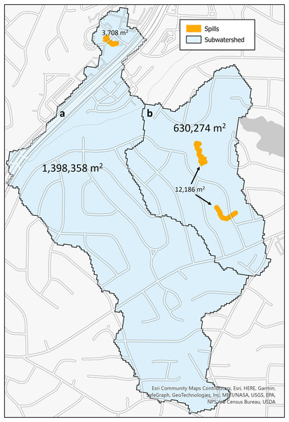 SFER models (orange) within each subwatershed region (blue) with the labels of the area 
${m^2}$m2
 for each.