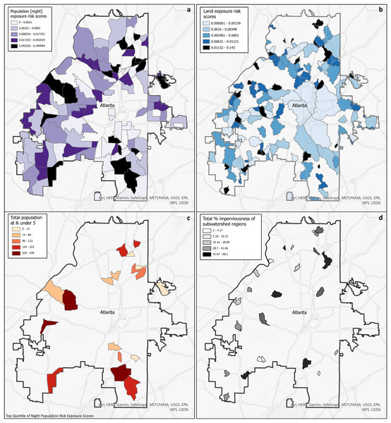 (A) Choropleth map of census tracts by population risk metric using night Landscan raster; (B) top quintile of population risk map by population under 5; (C) choropleth map of subwatershed regions by land risk metric; (D) top quintile of land risk metric by percentage of imperviousness.