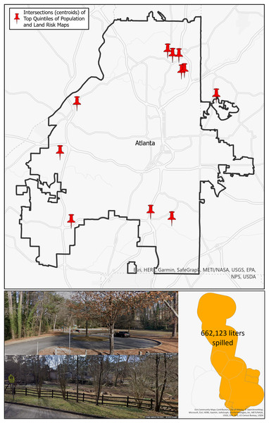 Top: intersection of the top quintiles of population and land risks for the City of Atlanta; bottom: qualitative assessment example with spill quantity information and Google Streetview of a high-risk area.