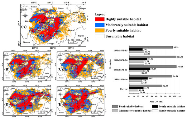 Potential habitats of B. minax under climate change scenarios.