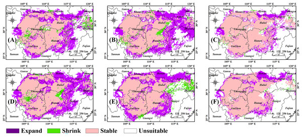 Changes in the layout of suitable habitats of B. minax in China under future climate scenarios.