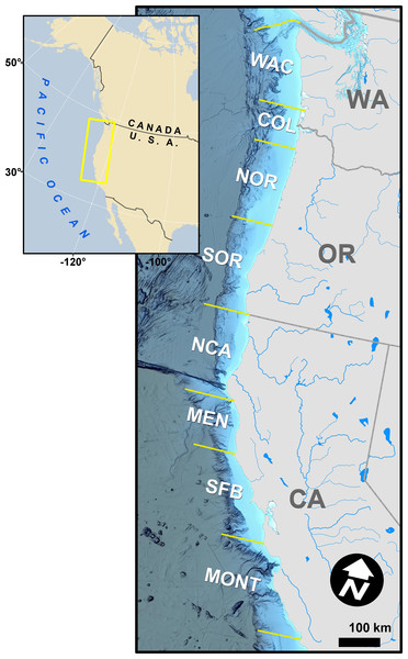 Map of the study area, discrete coastal regions, and some natal spawning rivers of modeled Chinook salmon stocks.