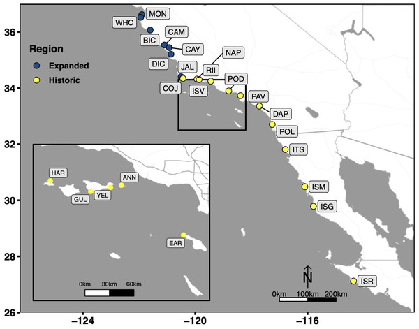 Collection sites which span the entire biogeographic range of Kellet’s whelk.