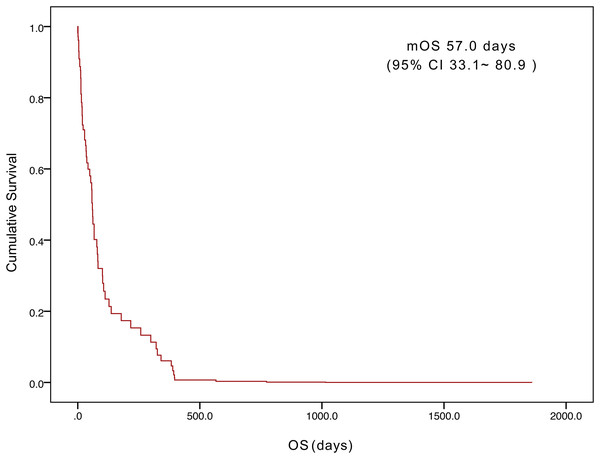 Kaplan–Meier curves of overall survival for the 71 patients.