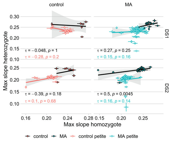 Growth rate of the MA line in its heterozygous and homozygous form are not significantly correlated.