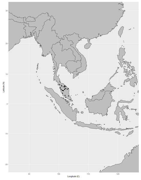 Distribution of Garcinia prainiana, known only from Peninsular Thailand and Peninsular Malaysia.