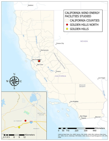 Locations of California wind energy facilities in study (Golden Hills and Golden Hills North).
