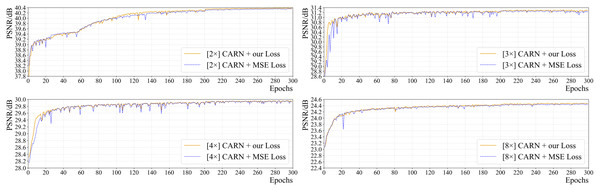 The effect of two different loss functions on PSNR in the training process of CARN.