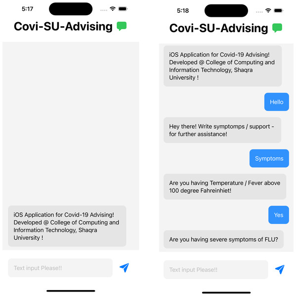 Working screen for the COVID-19 advising application.