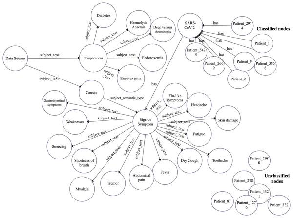 Graph model schema of complications and symptoms with classified and non-classified nodes.