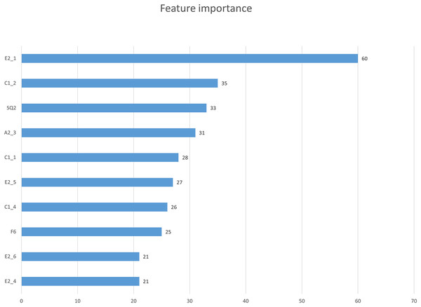 Feature importance scores of 10 key factors.