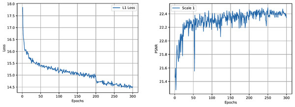 The loss function curve (left) and the PSNR peak of the verification set during the training process (right) of the proposed network.