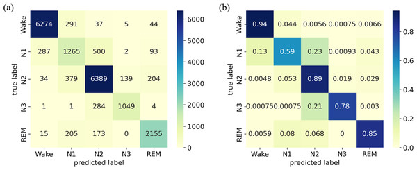 (A) Confusion matrix; (B) Normalized confusion matrix on the Sleep-EDF Expanded dataset.