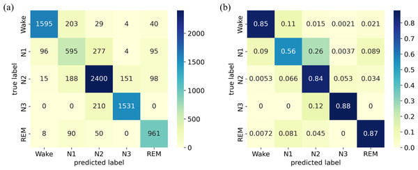 (A) Confusion matrix; (B) Normalized confusion matrix on the ISRUC-Sleep dataset.