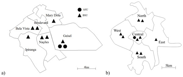 Maps of the systems studied, showing their ambulance distribution: SAMU-Bauru (A) and SAMU-Ribeirão Preto (B).