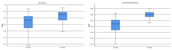 Boxplots of dice scores for different input types on BP and fetal head datasets.