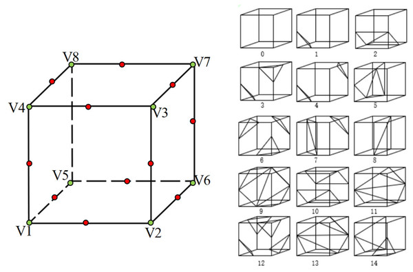 The names of vertices and edges of voxel elements from isosurface extraction and the 14 topological structures.