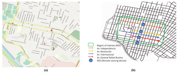 Simulation scenario: (A) OSM Mazatlan city zone (Map data © 2023 Google); (B) Region of Interest (ROI) includes four main transited avenues in the area of Benito Juárez in the city of Mazatlán.