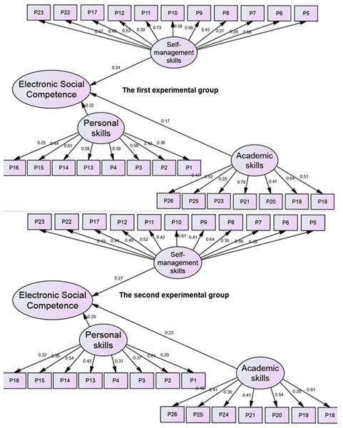 Multiple-group pre-CFA for the dimensions of electronic social competence for the two study groups.