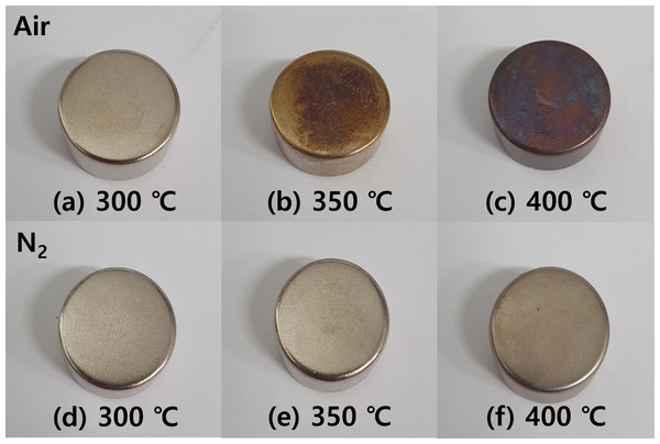 (A–D) Discoloration of NdFeBM surface according to demagnetization heat treatment atmosphere and temperature.