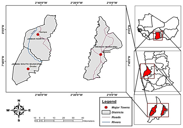 Study area of three municipalities (Jaman North, Jaman South, and Wenchi).