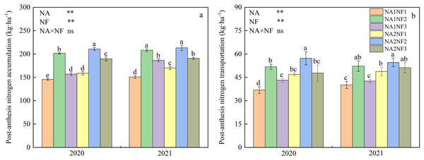 Post-anthesis nitrogen (N) accumulation and transportation in maize at different fertilizer rates and nitrate-to-ammonium N ratios.