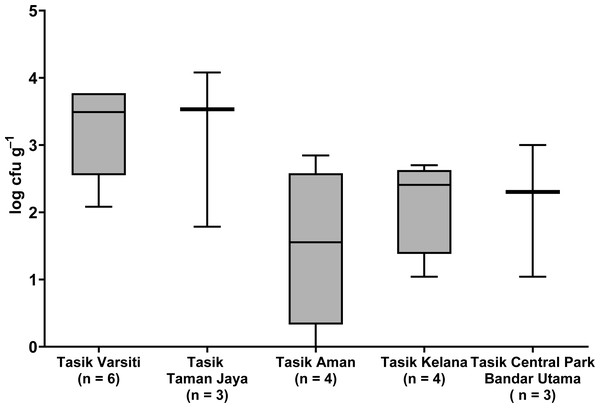 Box-and-whisker plot showing the range and median of E. coli (log cfu g−1) in the sediments of the five stations in this study.