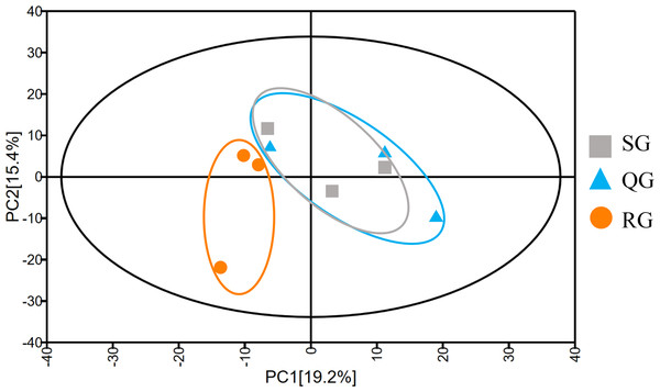 Principal component analysis of the metabolite profiles of volatile compounds in fruits produced by plants grafted onto different rootstocks.
