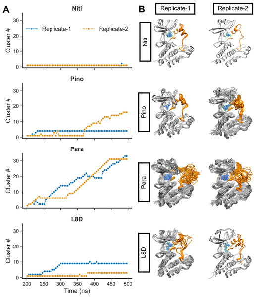 RMSD clusters of protein-ligand complexes over time.