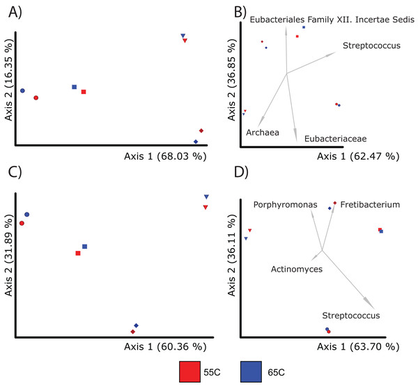 PcoA plots comparing the composition of microbial communities recovered from samples using different enrichment temperatures.