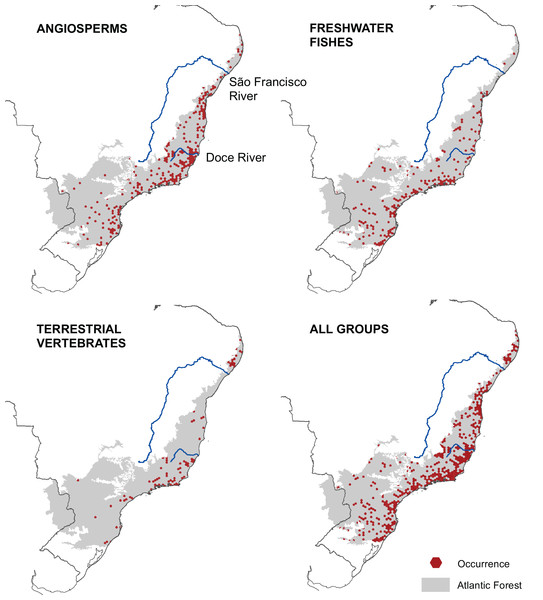 Geographic distribution of areas with microendemism for angiosperms, freshwater fishes, terrestrial vertebrates and all three groups combined in the Brazilian Atlantic Forest.