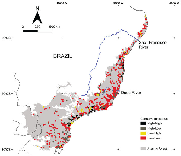 The geographic distribution of the areas with microendemic species in the Brazilian Atlantic Forest according to their conservation status categories.