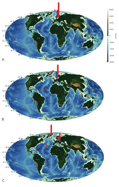 Geographical representation of the whale specimens in NHM Bergen (A), NHM Oslo (B) and NHM Copenhagen (C).