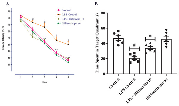 Effects of hibiscetin on (A) escape latency, (B) time spent in quadrant.