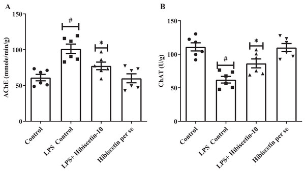 Effects of hibiscetin on (A) AChE, (B) ChAT level.