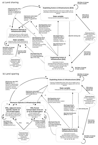 Qualitative SES models for land-sharing (A) and land sparing (B), in line with the encoding used for the coupled infrastructure system framework (CISF).